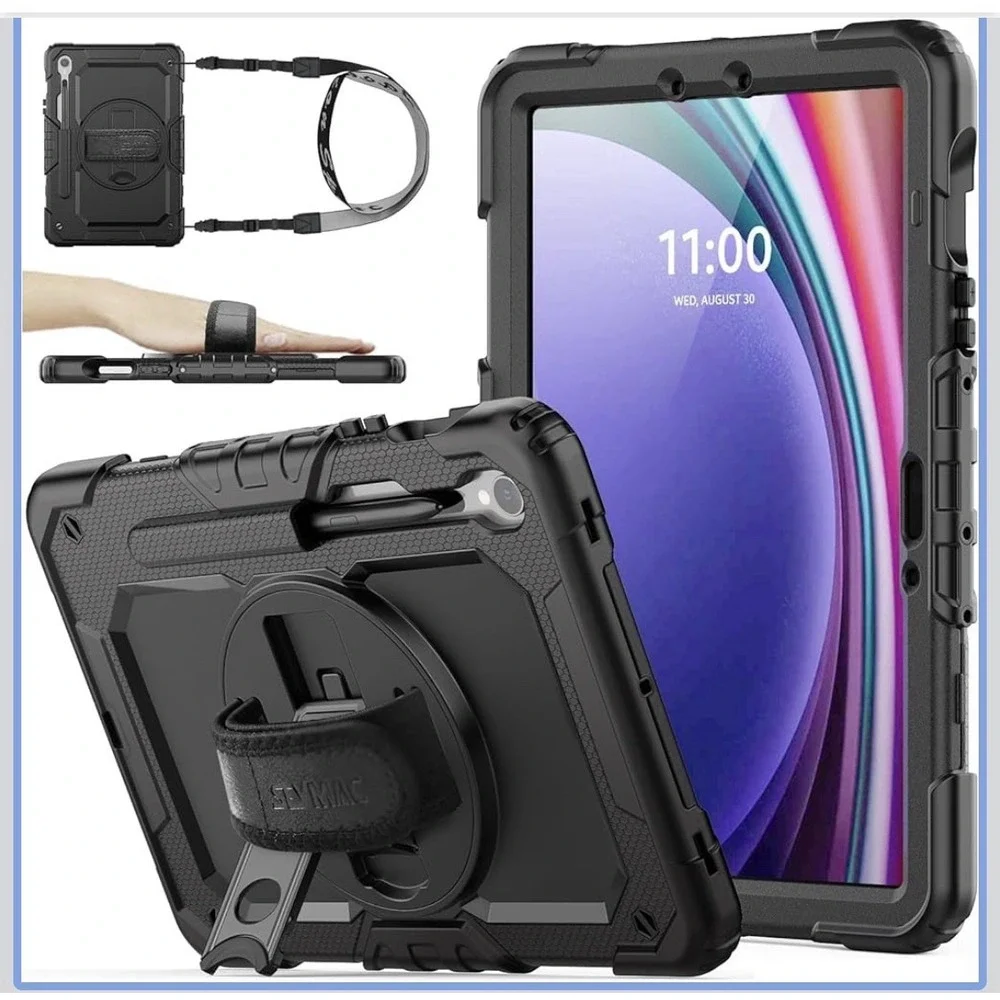 Seymac Samsung Protective Case, Screen Protector, 360 Stand, Hand & Should Strap